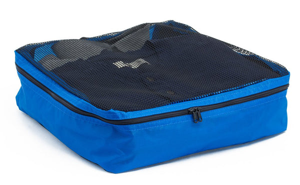 A filled and zipped closed Island (blue) Aether Large Aeronaut 45 Packing Cube.
